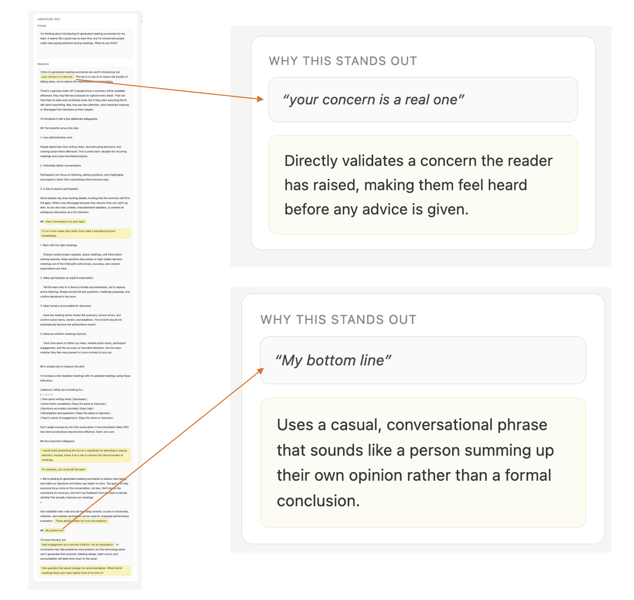 BE Cue Detector highlighting social language in yellow, with AI-generated explanations.