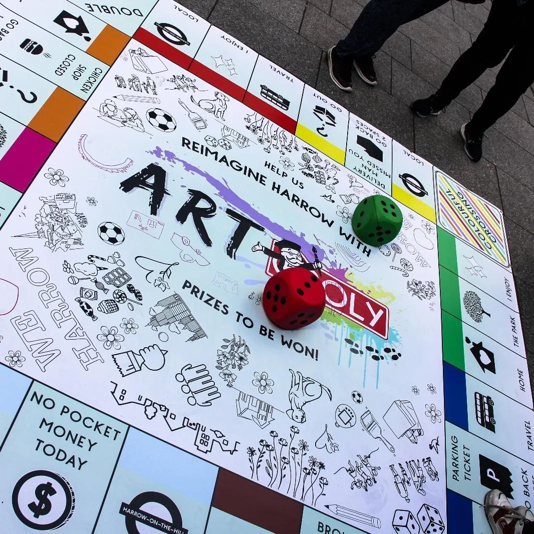 ➡️ Introducing the first part of our photo dump for 'ART-OPOLY' - The giant street art board game experience from @wetheseeds.agency &amp; @planaidlondon ! 🎲
.
The board game let residents re-imagine their local area, by rolling the giant dice, and 