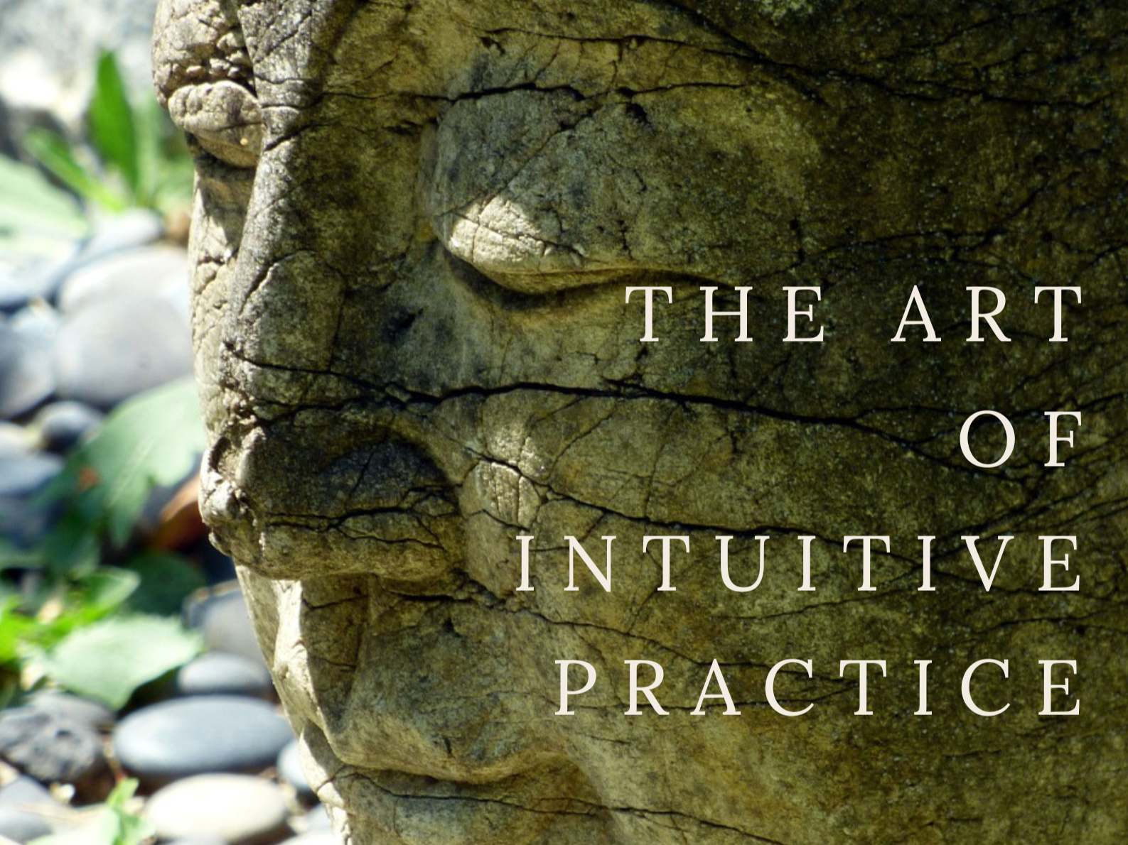 A buddah face carved from stone with nature background