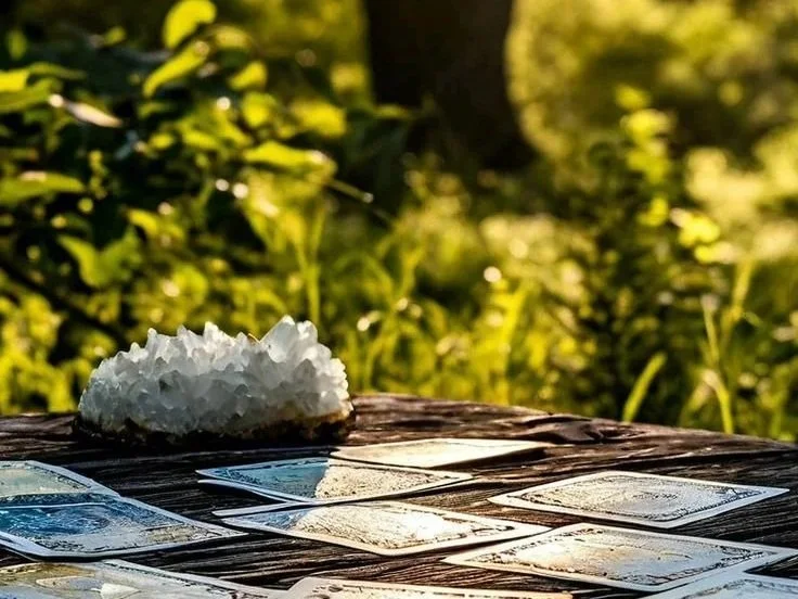 Tarot cards on a wooden table in nature  and a clear quarts crystal with grass and trees in background