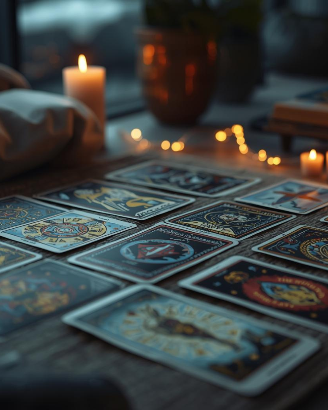 Tarot card spread on a wooden table in dim light with candles in the background