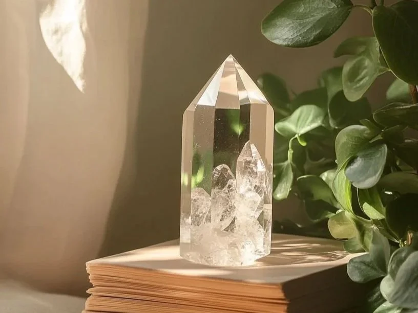 Large clear crystal on top of papers with plant in background and light on wall