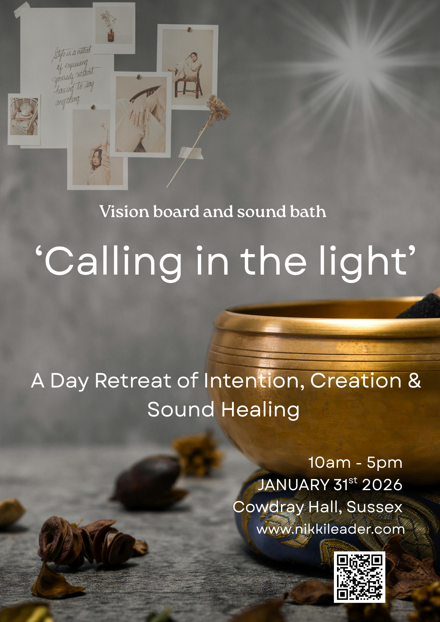 Tibetan sound bowl with mallet on grey background with vision board top left corner, nuts on cloth in the foreground