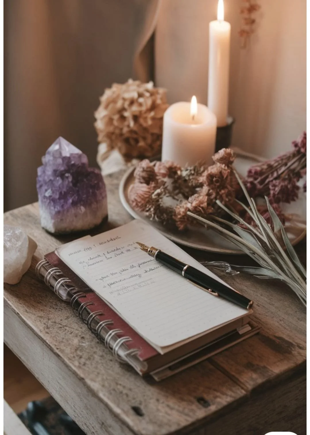 Candles, amethyst crystal and soul plan chart next to pink dried flowerson a table