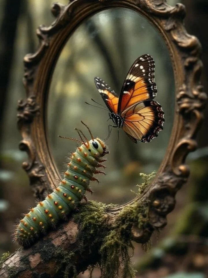 Caterpillar looking in a gold old fashioned mirror and butterfly staring  ack
