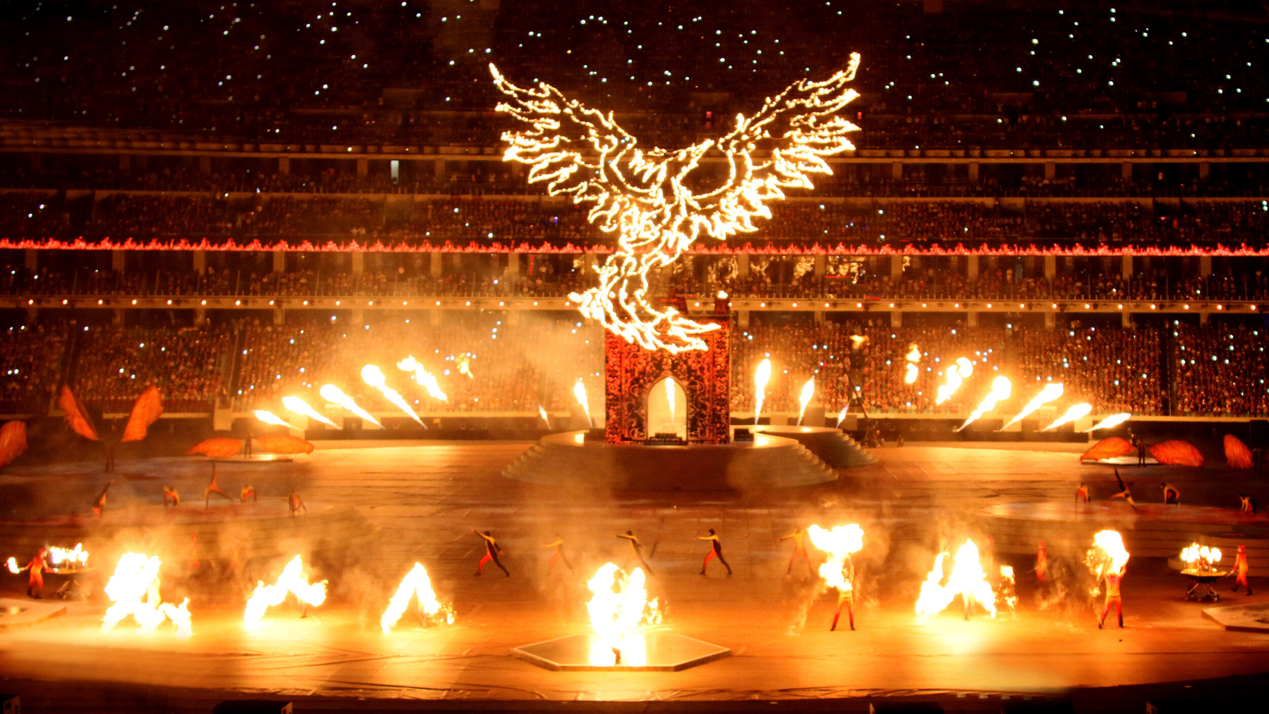 PHOENIX Amazing Finale, Azerbaijan On Fire, Pyrotechnic Phoenix Construction and big Dragon's Breath Effect, Closing Ceremony European Games, Olympia Stadium Baku, Azerbaijan