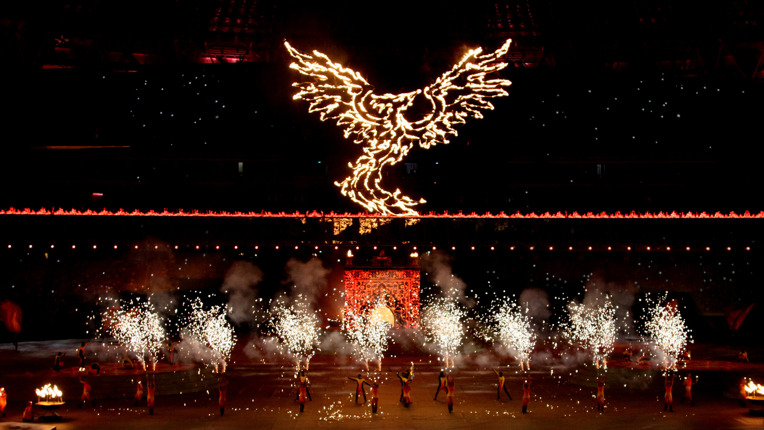 PHOENIX Amazing Pyro Effects, Sparkling Wonders, Pyrotechnic Phoenix Construction and big Dragon's Breath Effect, Closing Ceremony European Games, Olympia Stadium Baku, Azerbaijan