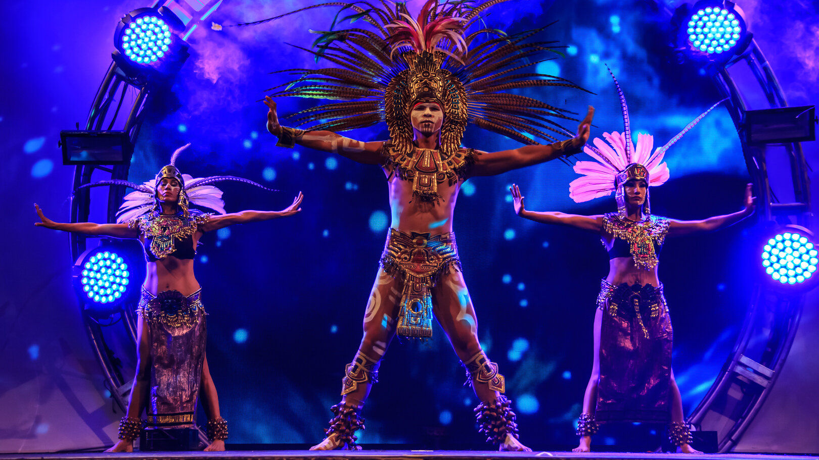 Traditional Mexican Dancers, Mayan Warrior With Impressive Headdress, Corporate Event, Cancun, Mexico