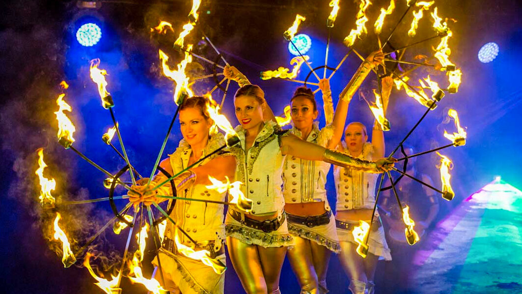 Elegant Classical Fire Dancers, White Costumes for Weddings and Parties and Firefans, Corporate Event, Warsaw, Poland