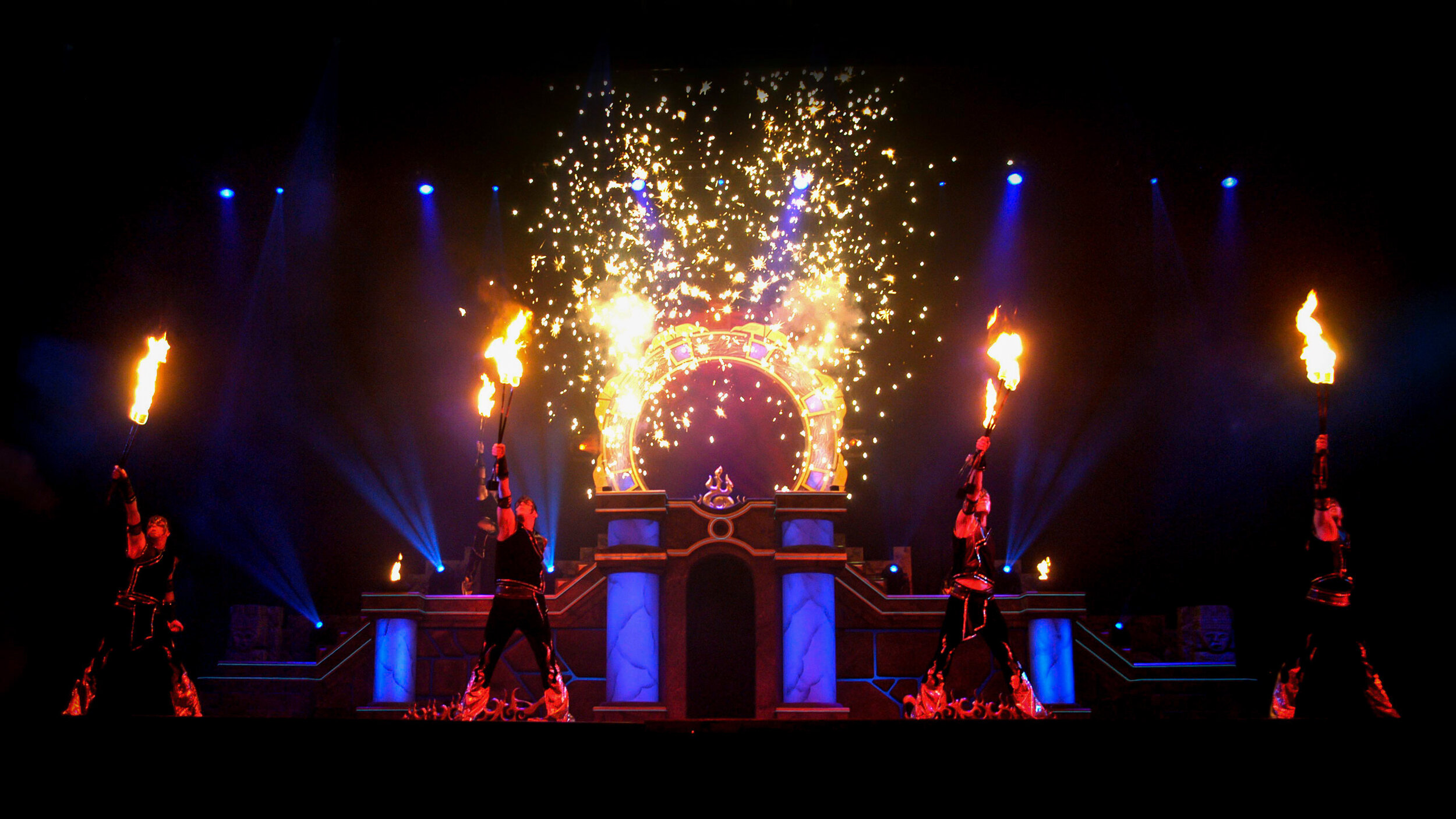 Vegas Style Fire Dancers with Masks, Finale of Fire Show with Pyrotechnic Finale, Hotel Entertainment, USA