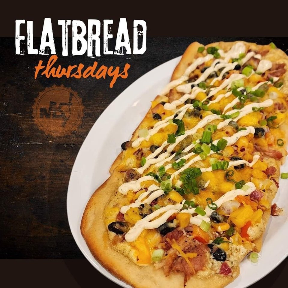 We've been getting requests so we made it a thing. FLATBREAD THURSDAYS! We also have the Jumbo Mac Tater Skins today. Happy hour specials are from 4pm-6pm.

Flatbreads can be topped with any of our styles and your choice of in-house smoked meats! Sty