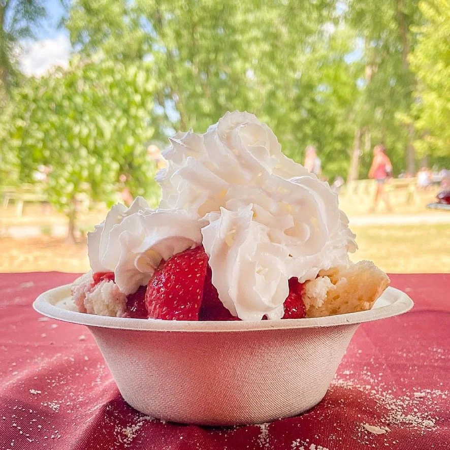 A paper bowl filled with strawberries, whipped cream, and pieces of cake on a red tablecloth outdoors with trees and people in the background.