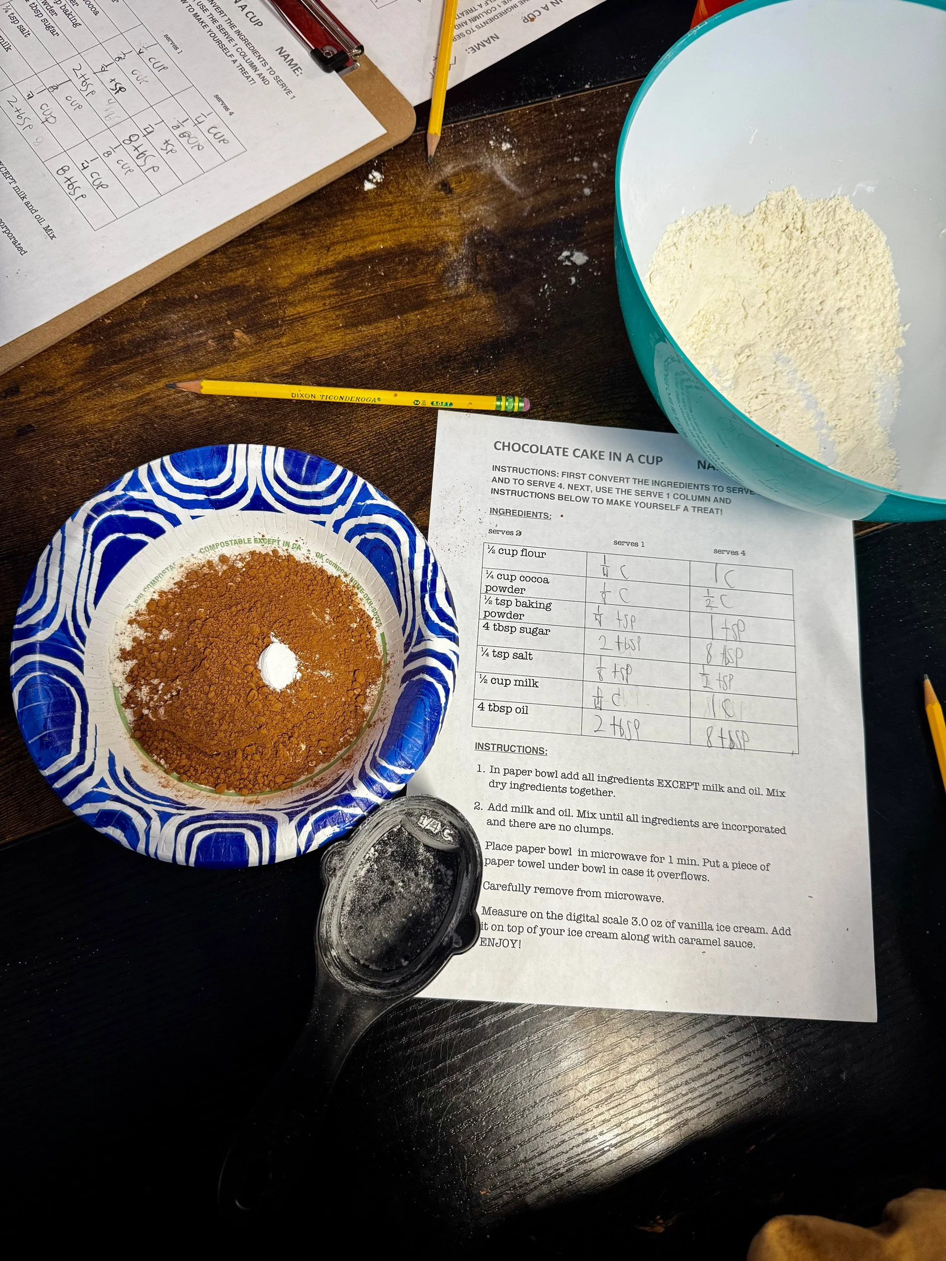 Learning about conversions while making cake in a bowl.