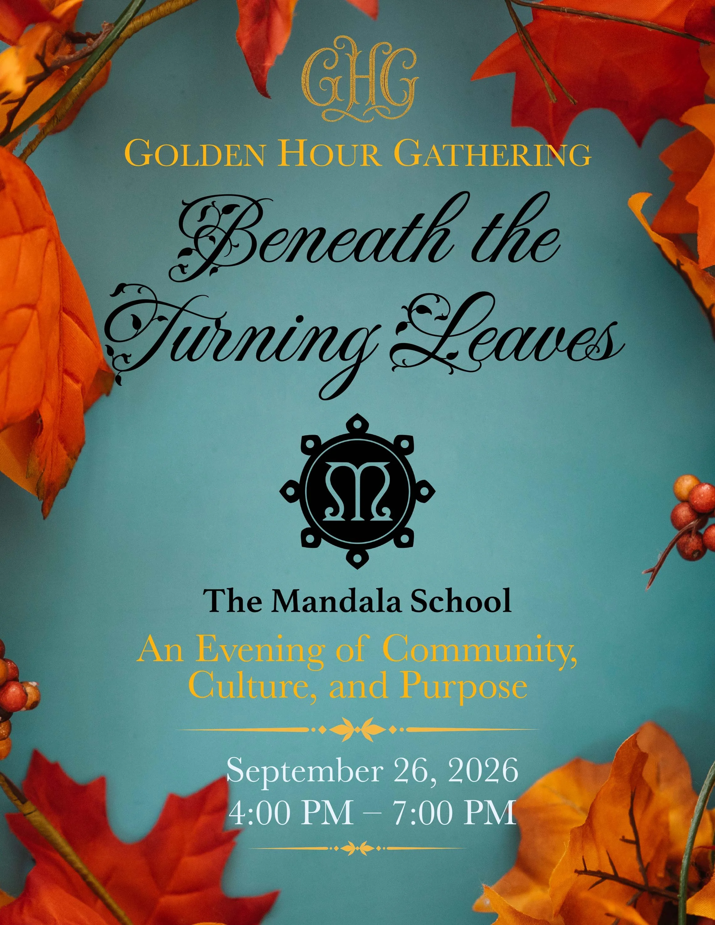 Autumn leaves with black, white, and gold text