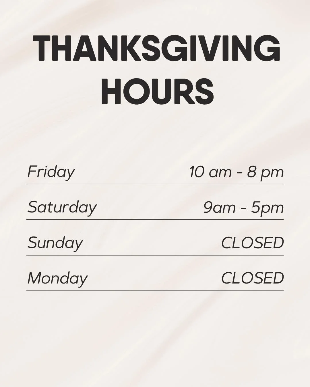 We&rsquo;ll be stepping away from the chair this Thanksgiving weekend to spend time with our people (and probably a pie or two 🥧).

✨ Thanksgiving Hours ✨
Closed Monday

If you&rsquo;re hoping to sneak in a refresh before the long weekend &mdash; do