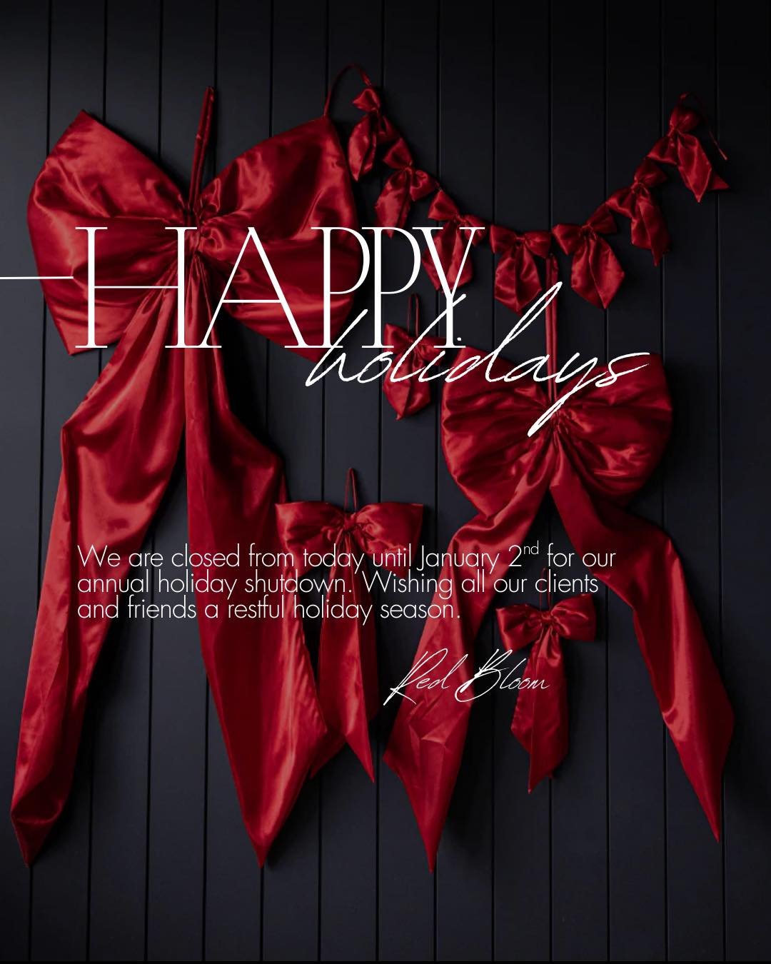 It is time for our team to recharge! Our salons will be CLOSED from Dec 24th - Jan 2nd. 

&hearts;️ You can still book your new year appointments online!

#redbloomsalon #yycsalon #yycchristmas #holidayseason #merrychristmas #happynewyear