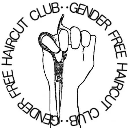 gender free haircut club with hands and scissors. A dresscode project logo