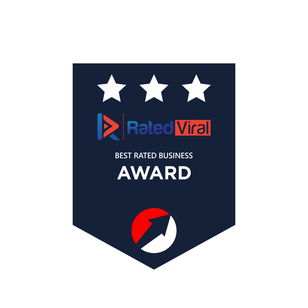 A dark blue award badge with three white stars at the top, a logo with a stylized play button and the words "Rated Viral," the words "Best Rated Business Award" in the middle, and a circular icon with an upward arrow at the bottom.