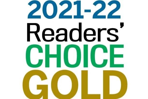 2021-22 Readers' Choice Gold award logo with text in blue, black, green, and gold.