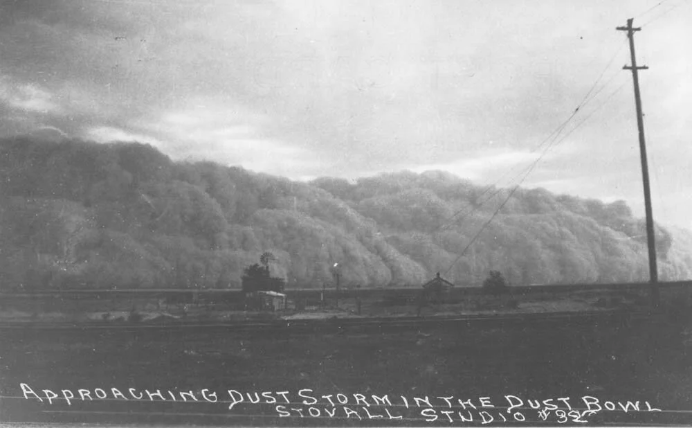 Approaching dust storm, Ford County, Kansas. 1935. Credit: Stovall Studio. KSHS.
