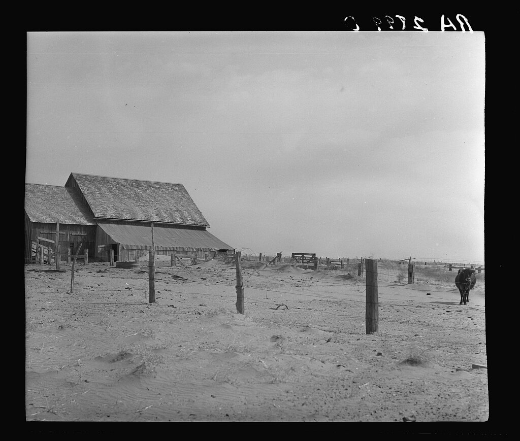 Drifting soil in a farmyard, Hartley County, Texas. April, 1936. Credit: Arthur Rothstein. LOC ID: fsa.8b27376