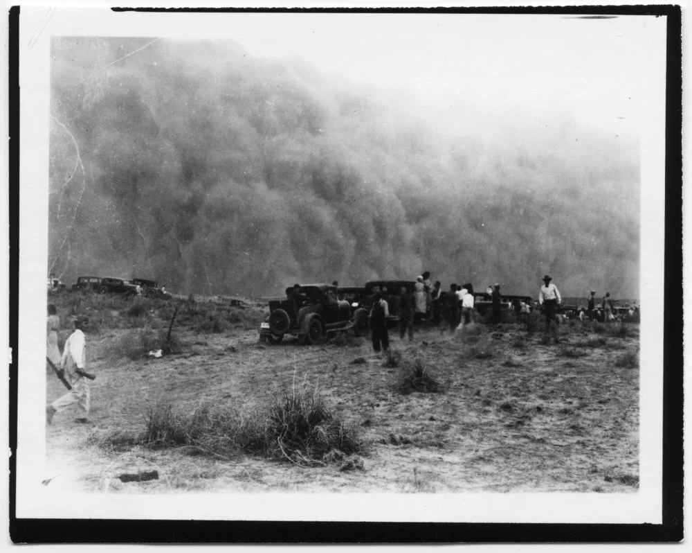 Dust storm west of Tyrone, Kansas disrupts a rabbit drive. 1935. KSHS.