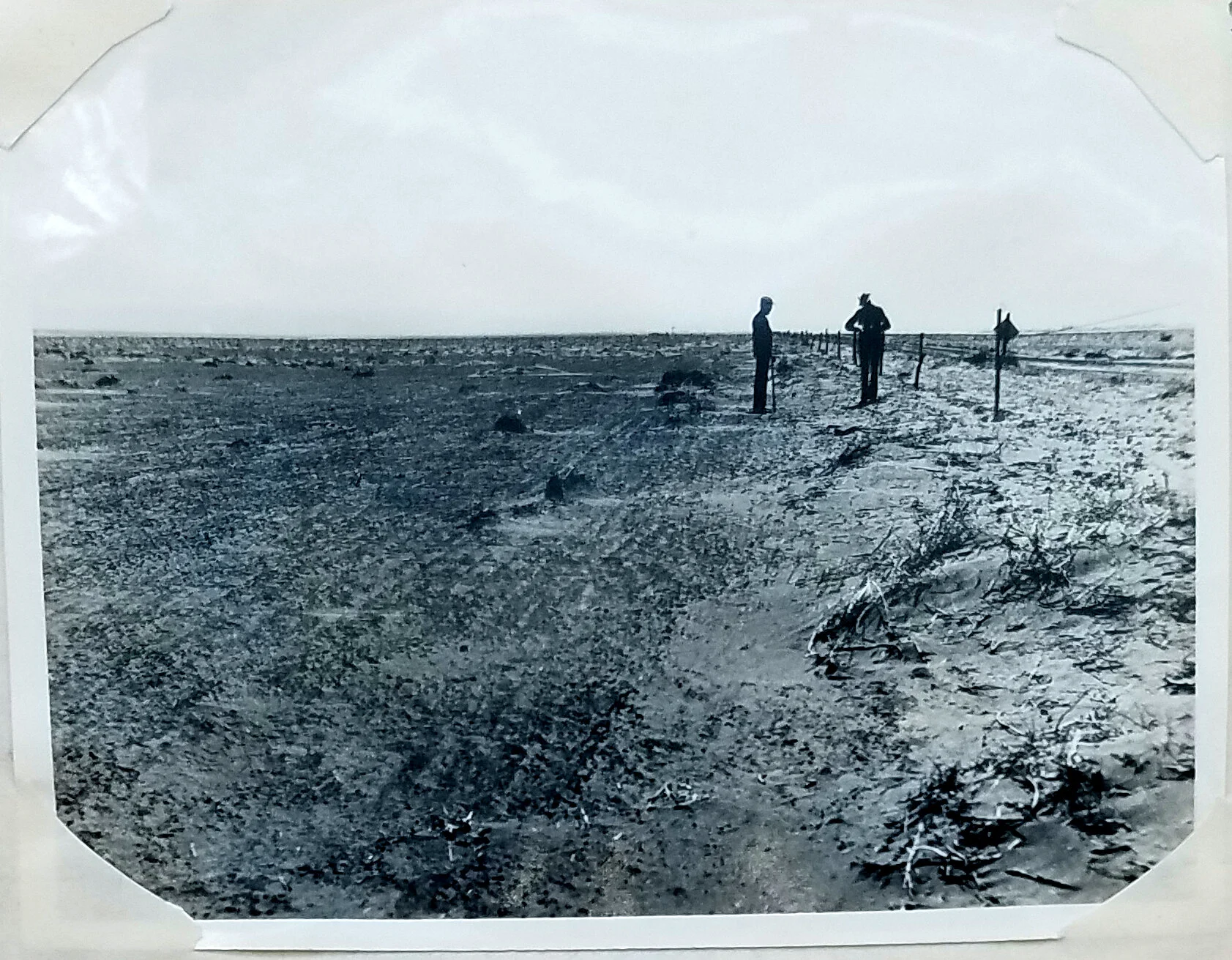 Henson farm about 3 miles NE of Ulysses, KS. The tilled soil of 1932 is blown away. May 10, 1933. Figure 28 in Erosion Report by Bureau of Agricultural Engineering. National Archives, Record Group 114, Entry 109.