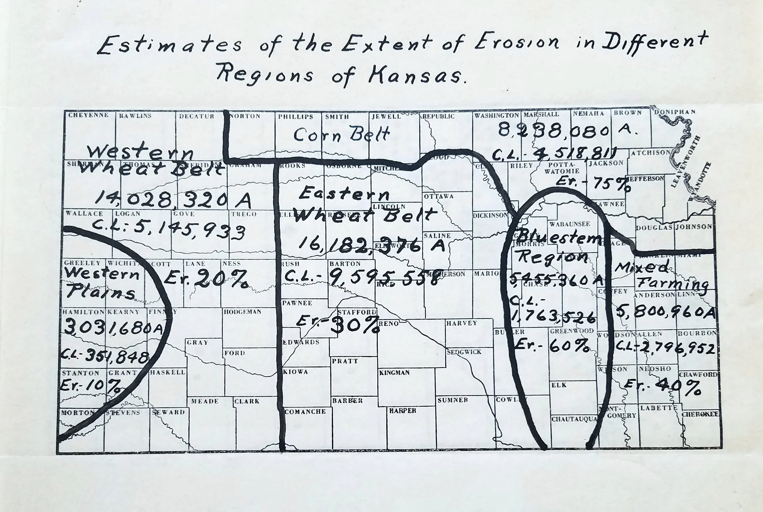 Estimates of the extent of erosion in different regions of Kansas (CL= cultivated land; Er = eroded). May 9, 1933. Included in "A Survey of the Damage Done by Wind Erosion in Southwestern Kansas" by Orville E. Hays. National Archives, Record Group 11