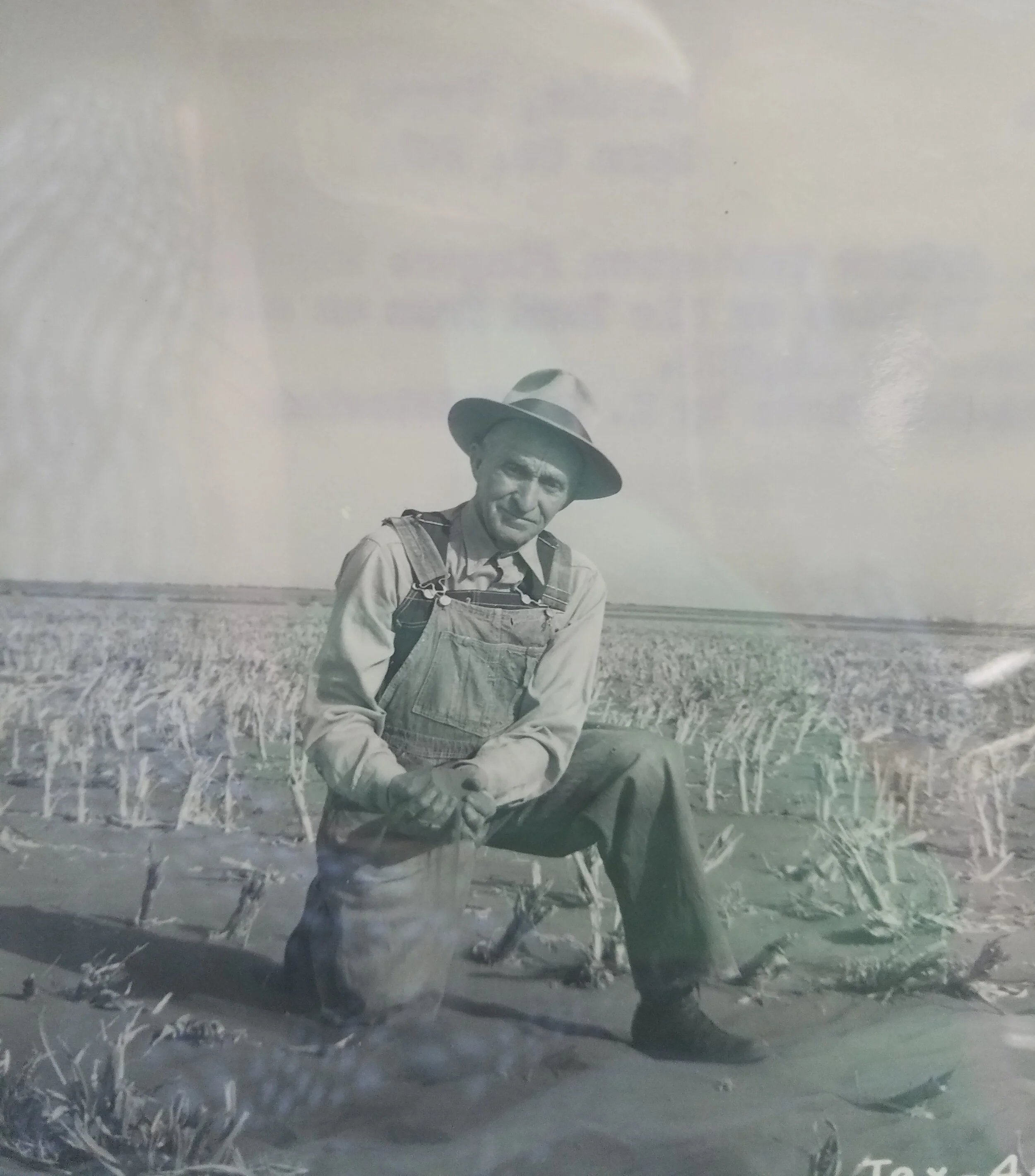 Arthur Patterson fingers topsoil that is not really his. It blew on his land from an adjacent cotton field. Tahoka, Texas. December, 1948. Credit: K.E. Huddleston. National Archives, Record Group 114, Entry 256.