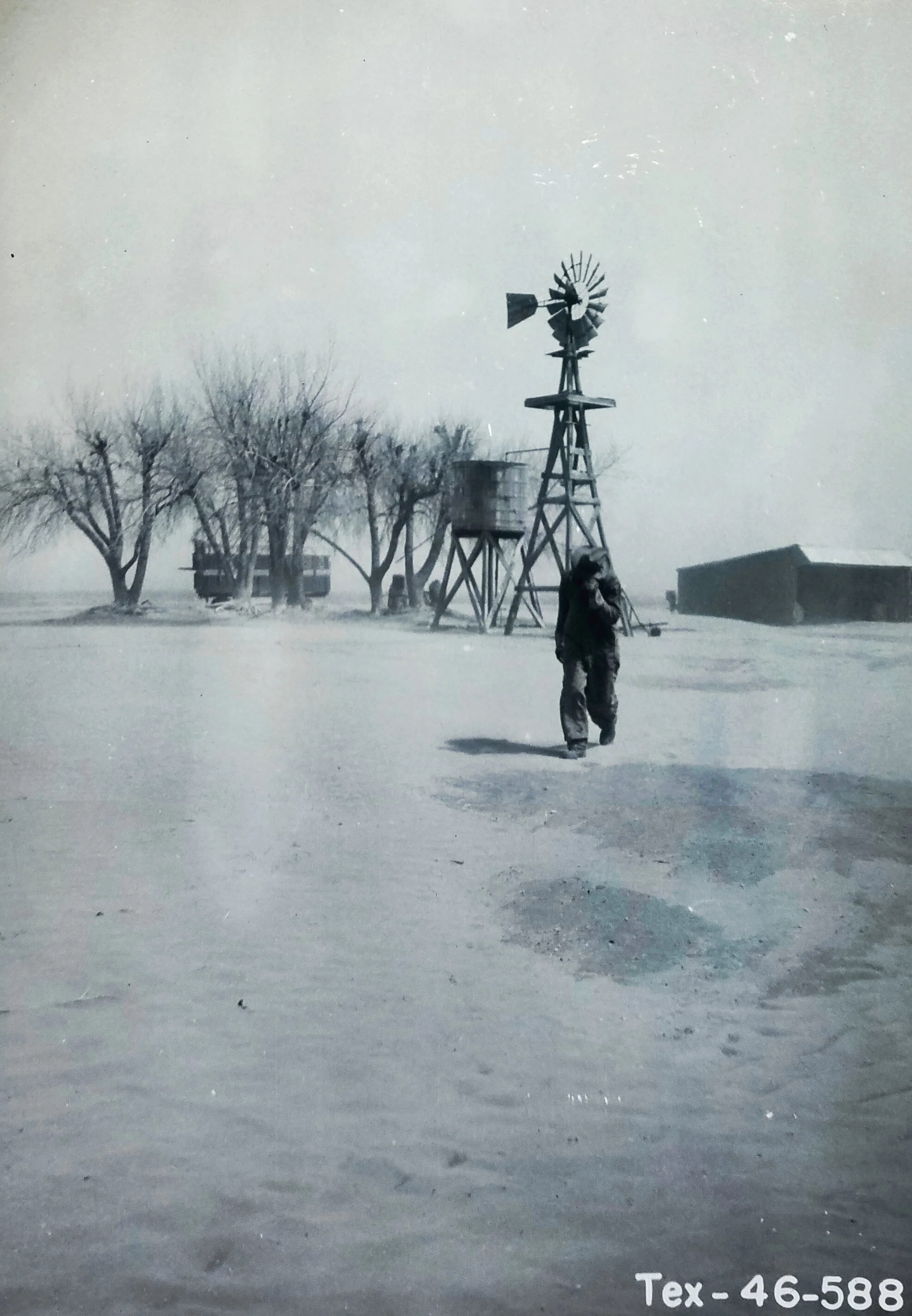 Mr. Moore ducks his head, holds on to his hat as he makes his way home in dust storm, Hockley County, Texas. April 6, 1950. Credit: Lester Fox. National Archives, Record Group 114, Entry 256.