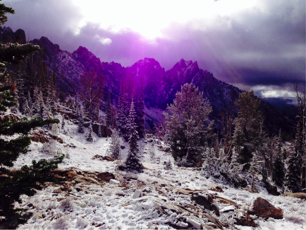 First snowfall, at the base of (the appropriately named) Snowyside Peak, Sawtooth Mountains.