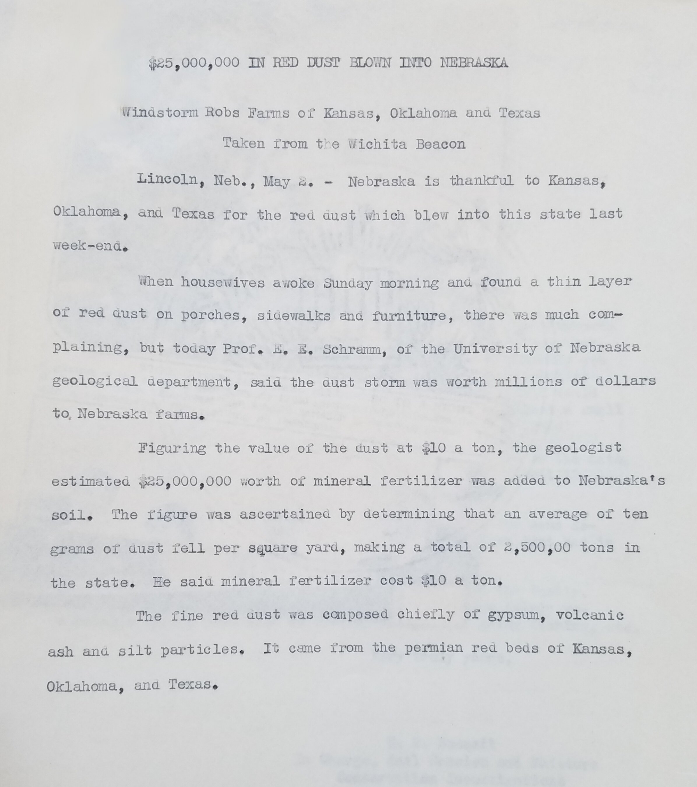 Newspaper report on dust storms in The Eagle (Bryan, Texas). May 3, 1933. National Archives, Record Group 114, Entry 109.