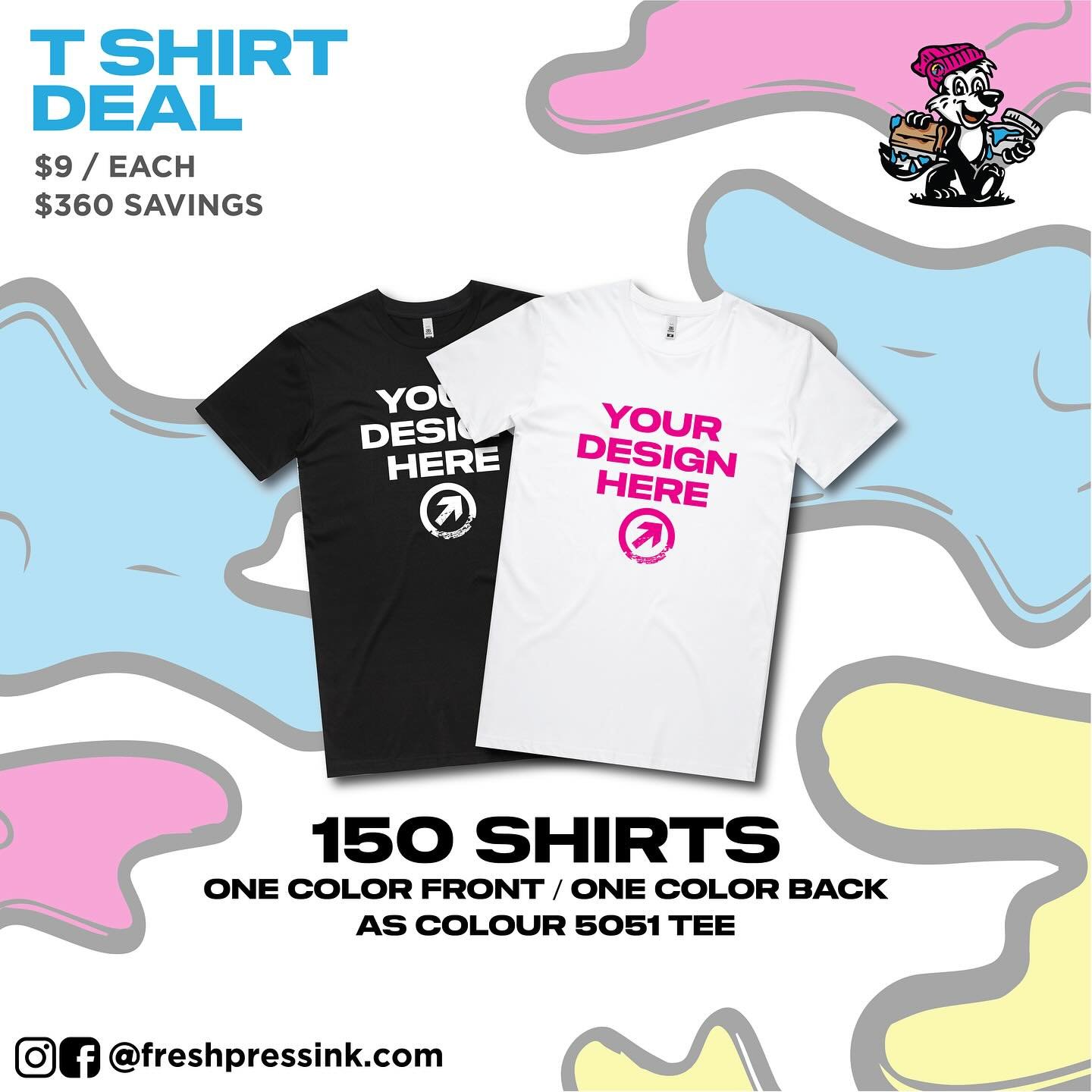 Spring into style with our fresh t-shirt deals! We&rsquo;d love to collaborate with you on your next event shirt, merch line, uniforms, etc. 

Don&rsquo;t miss this deal that includes 150 shirts, one color front and no setup fees for $9 a shirt! 

Th