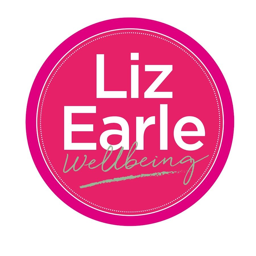 Pink circular logo for Liz Earle Wellbeing with white text and green script.