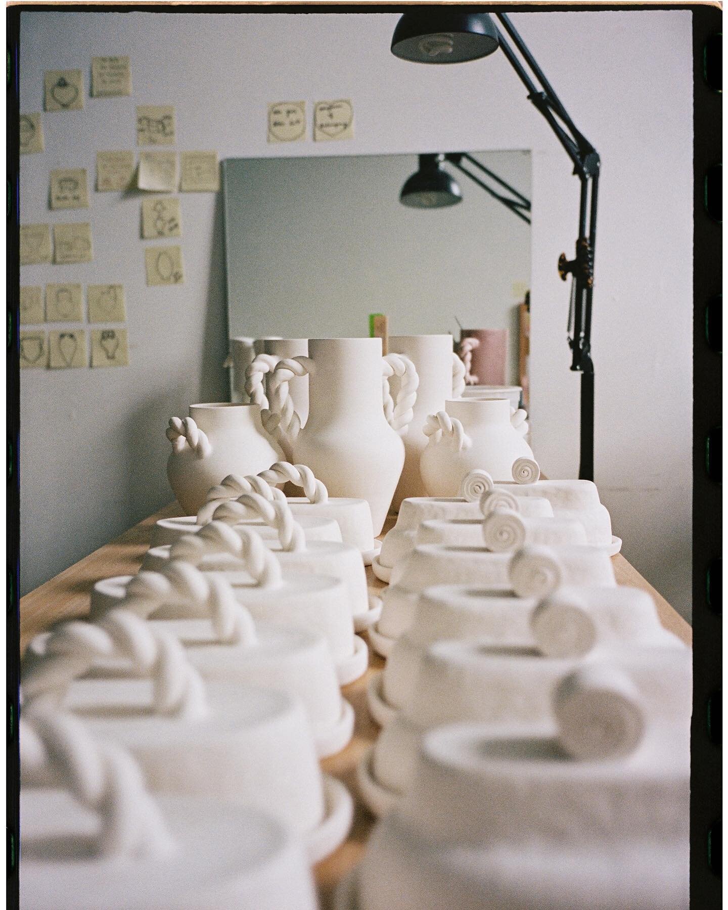 Butter dishes and Corde vases (before glazing) in the studio last month 🌀🐚 Available now at @thepost.supply