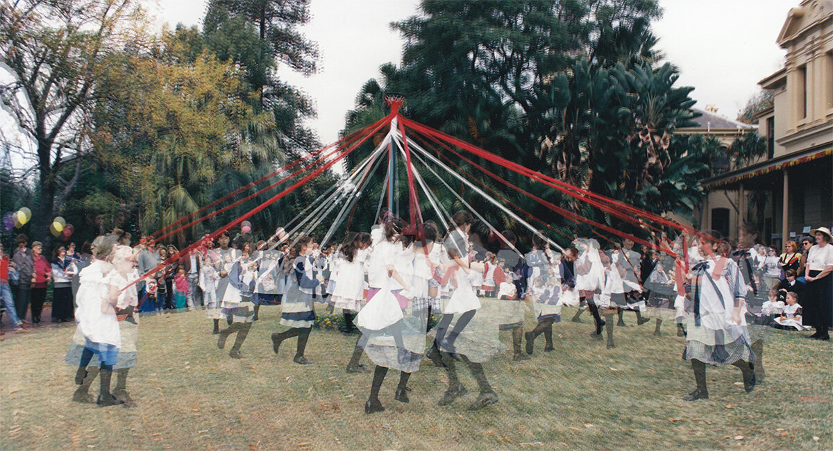 I was a young woman of integrity and purpose / Maypole dance, Jersey Day, 1988 . Laminated Epson ink-jet print mounted on Di-bond. The image is a composite of two photographs drawn from the Presbyterian Ladies College Sydney archive. Taken seconds apart the frames are layered and aligned to my seven-year-old self as I watch the dancing seated in the far right of the frame.