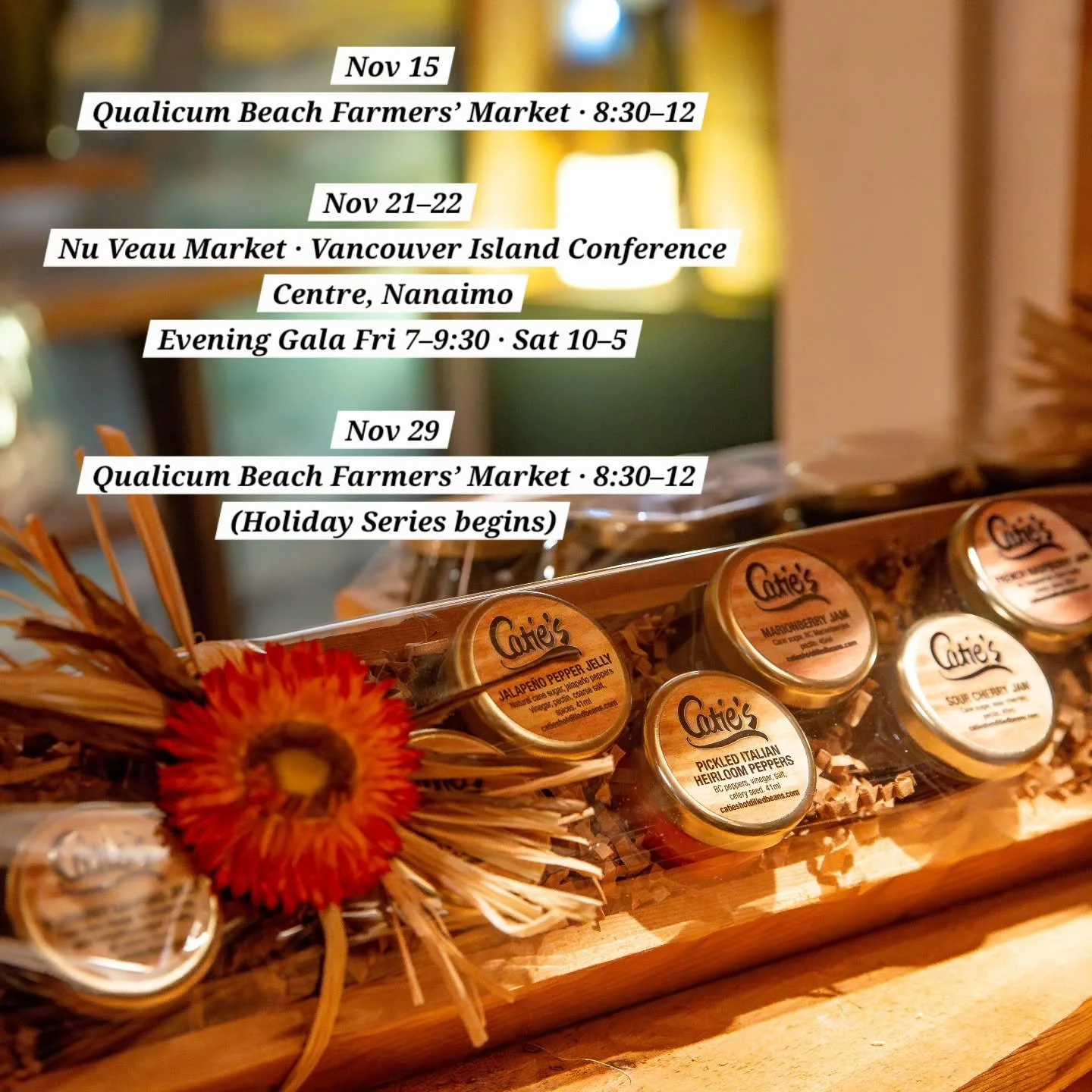 November is full of fresh market days and festive events!
Mark your calendars &mdash; we&rsquo;ll be bringing our handmade pickles and preserves to Qualicum Beach and Nanaimo all month long.
Watch for specialty product releases!

Save this post for e