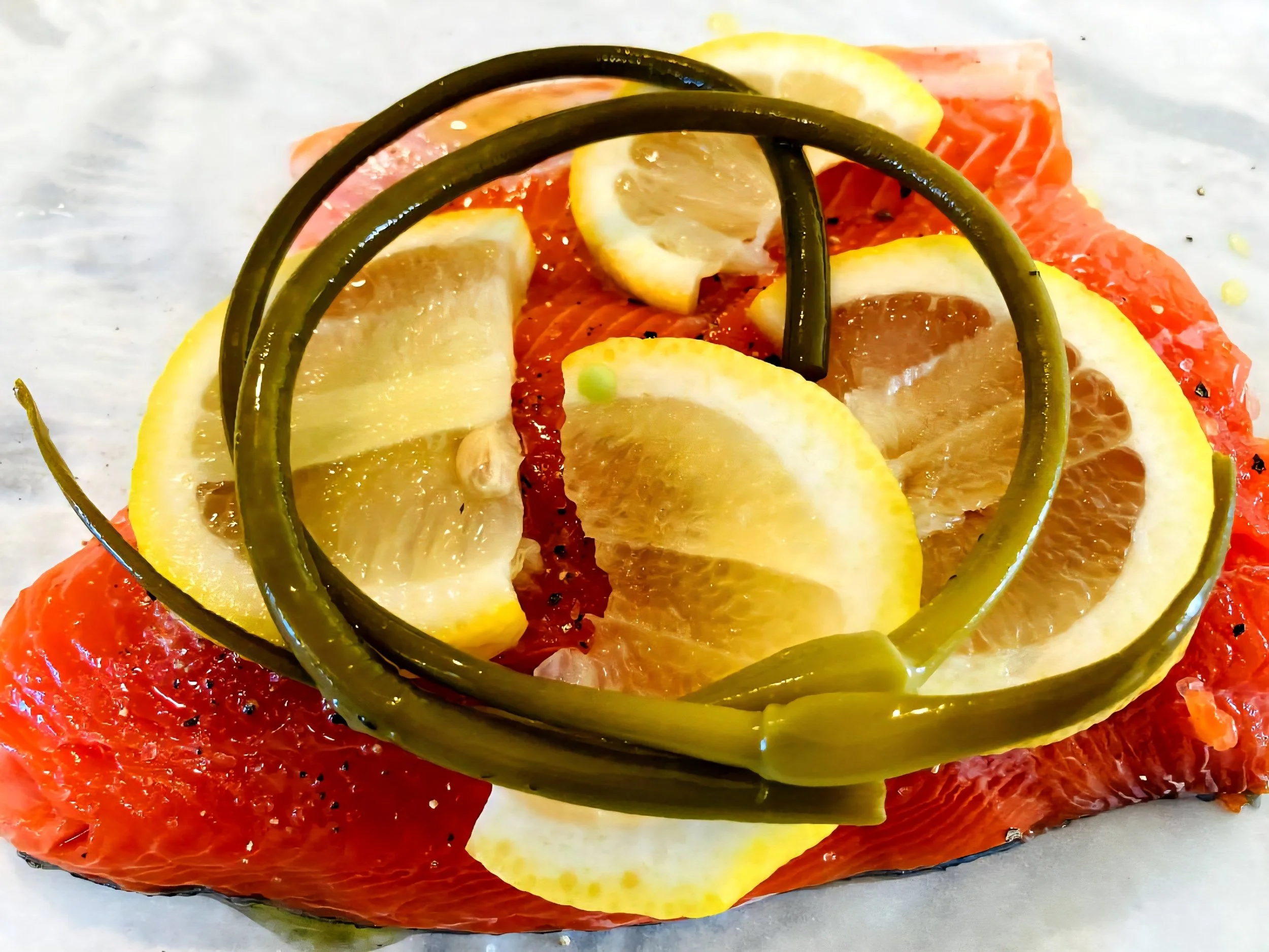 West Coast Salmon with Lemon &amp; Pickled Garlic Scapes