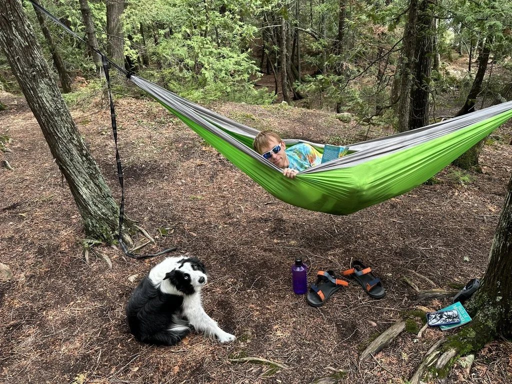 A person laying in a hammock holding a book while looking at the camera. A border collie dog is sitting on the ground scratching its ear.