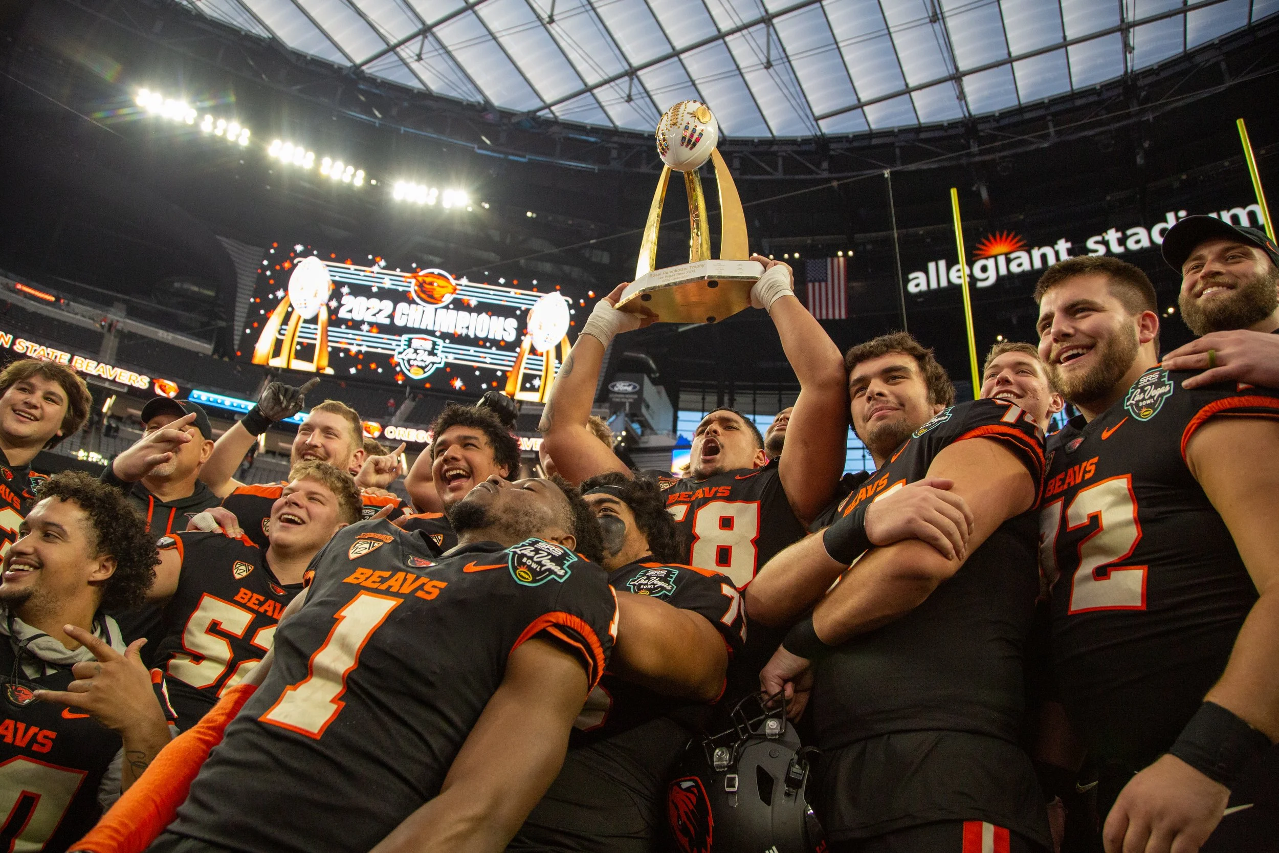 Oregon State players celebrate after defeating Florida 30-3 in the Las Vegas Bowl at Allegiant Stadium on Saturday, Dec. 17. 