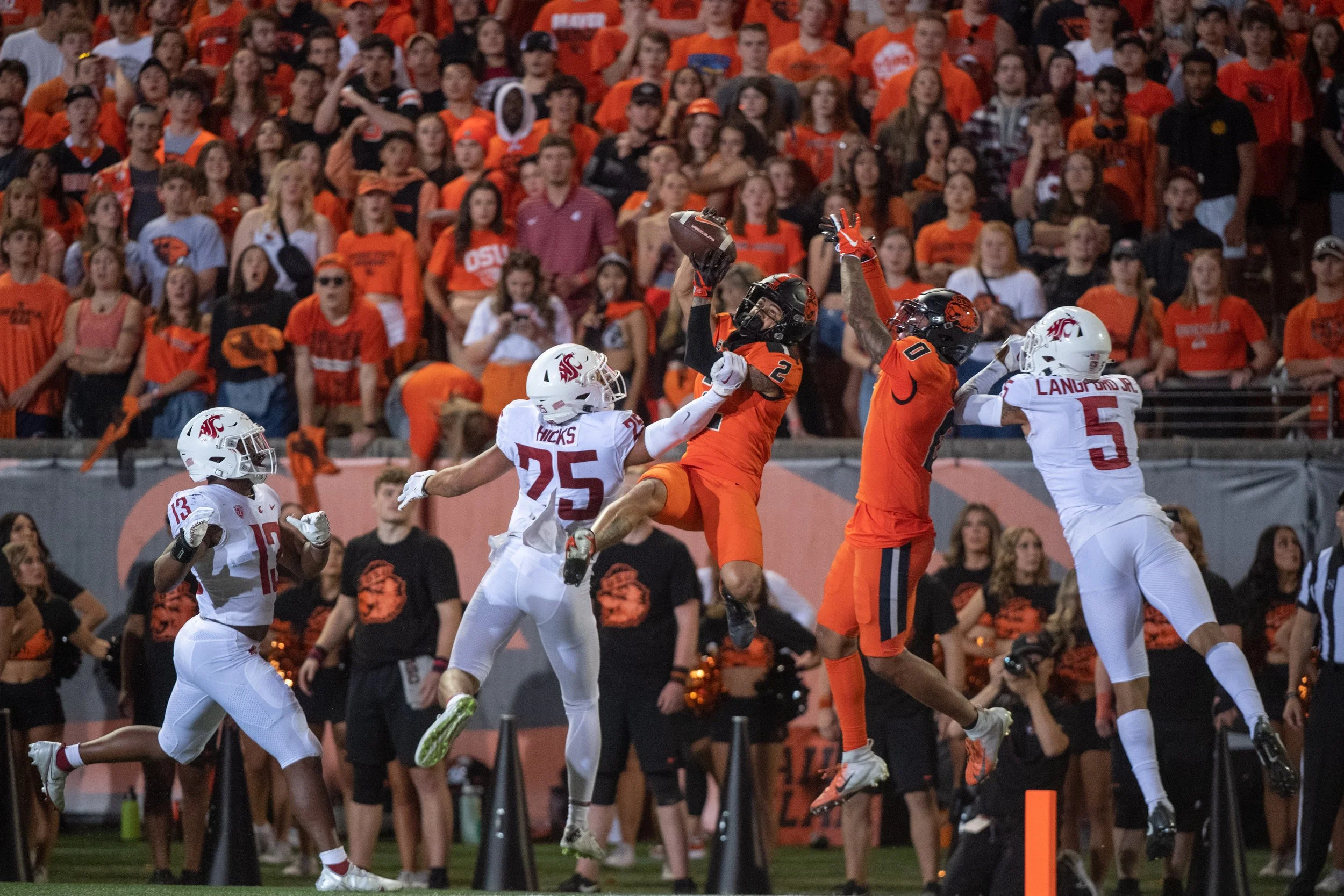 Oregon State wide receiver Anthony Gould (2) catches a pass by Ben Gulbranson for his second touchdown of the night. Oregon State defeated Washington State 24-10 on Saturday, Oct. 15.