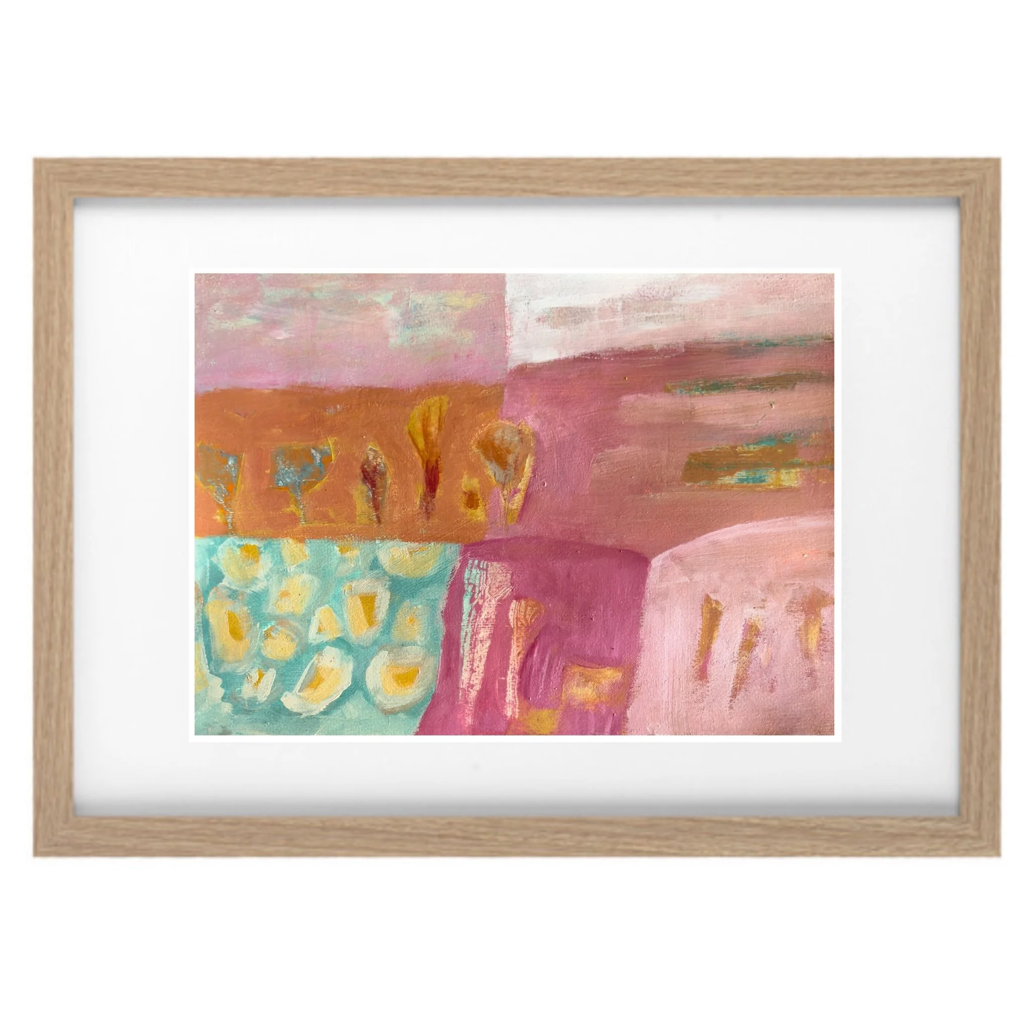 A framed abstract painting with pink, orange, yellow, green, and blue brushstrokes, viewed from a slightly tilted angle.
