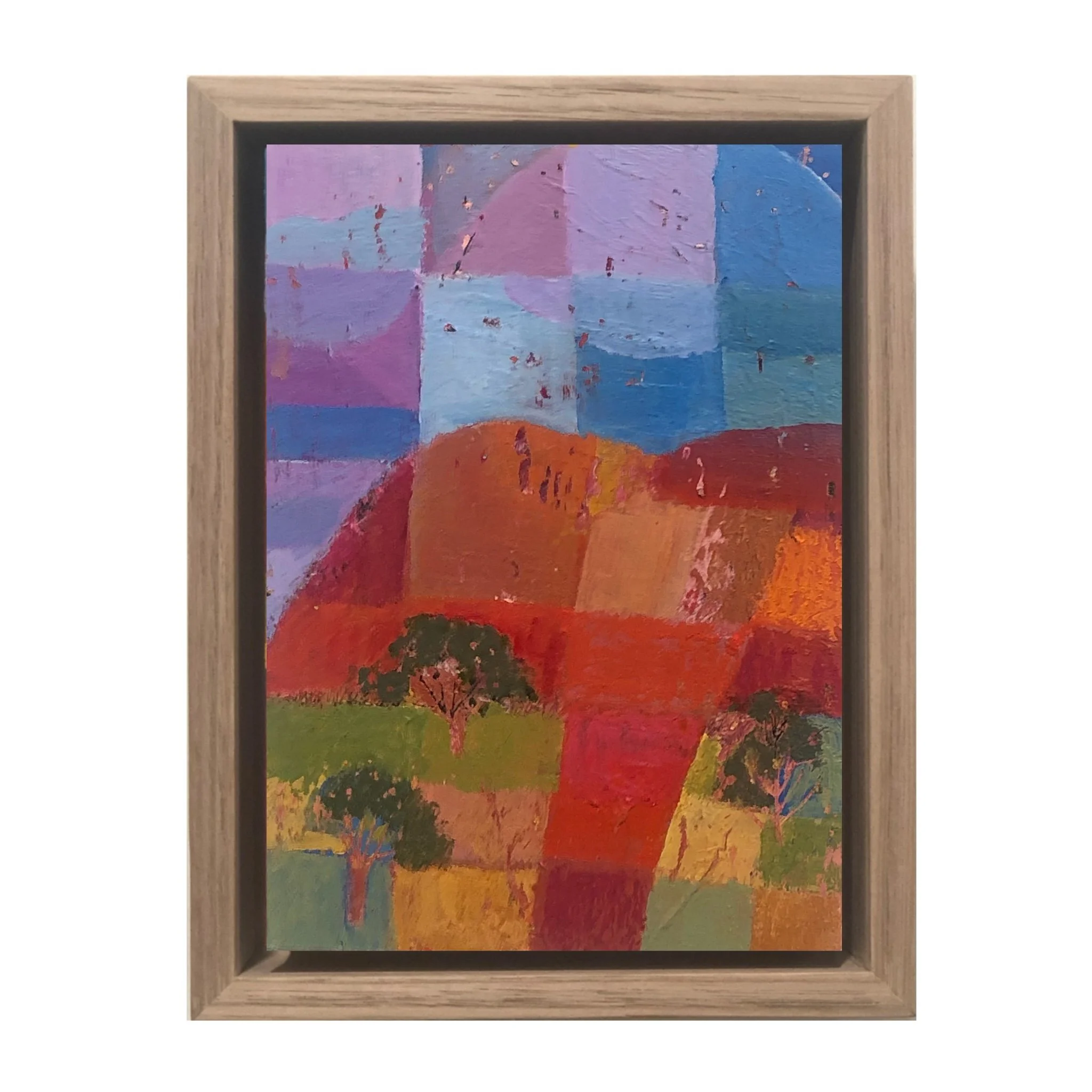 Colorful abstract painting with purple, blue, red, orange, yellow, and green hues framed in a wooden frame.