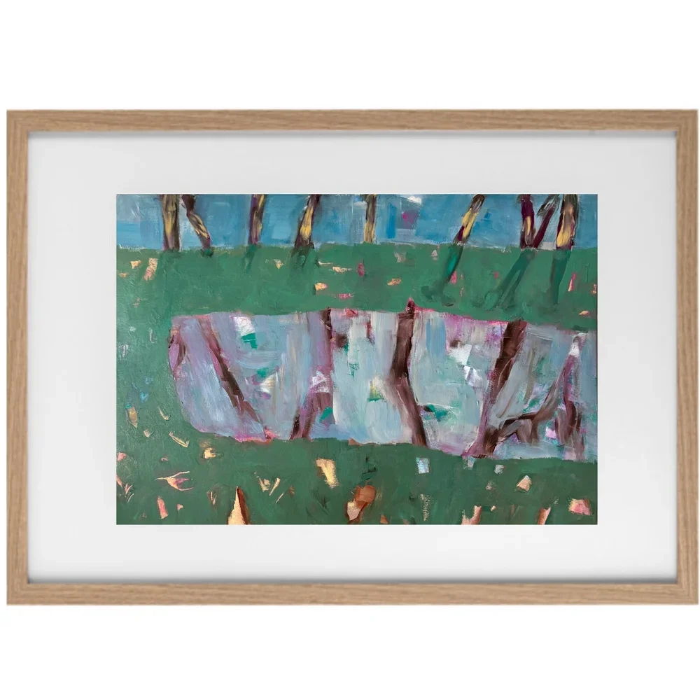 A framed painting of a landscape featuring trees, grass, and a body of water reflected on the surface in an abstract style.