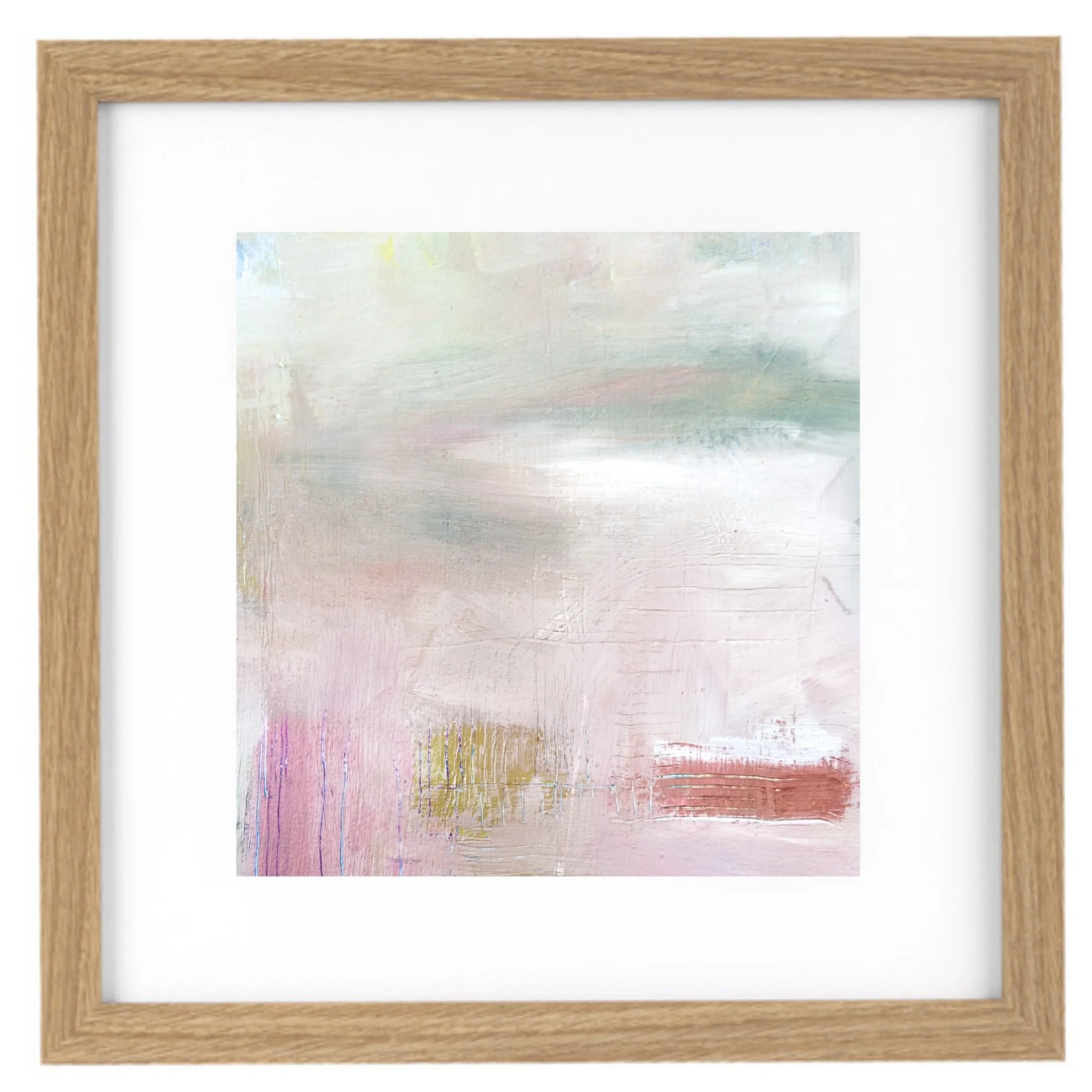 An abstract painting with soft pastel colors framed in light wood.
