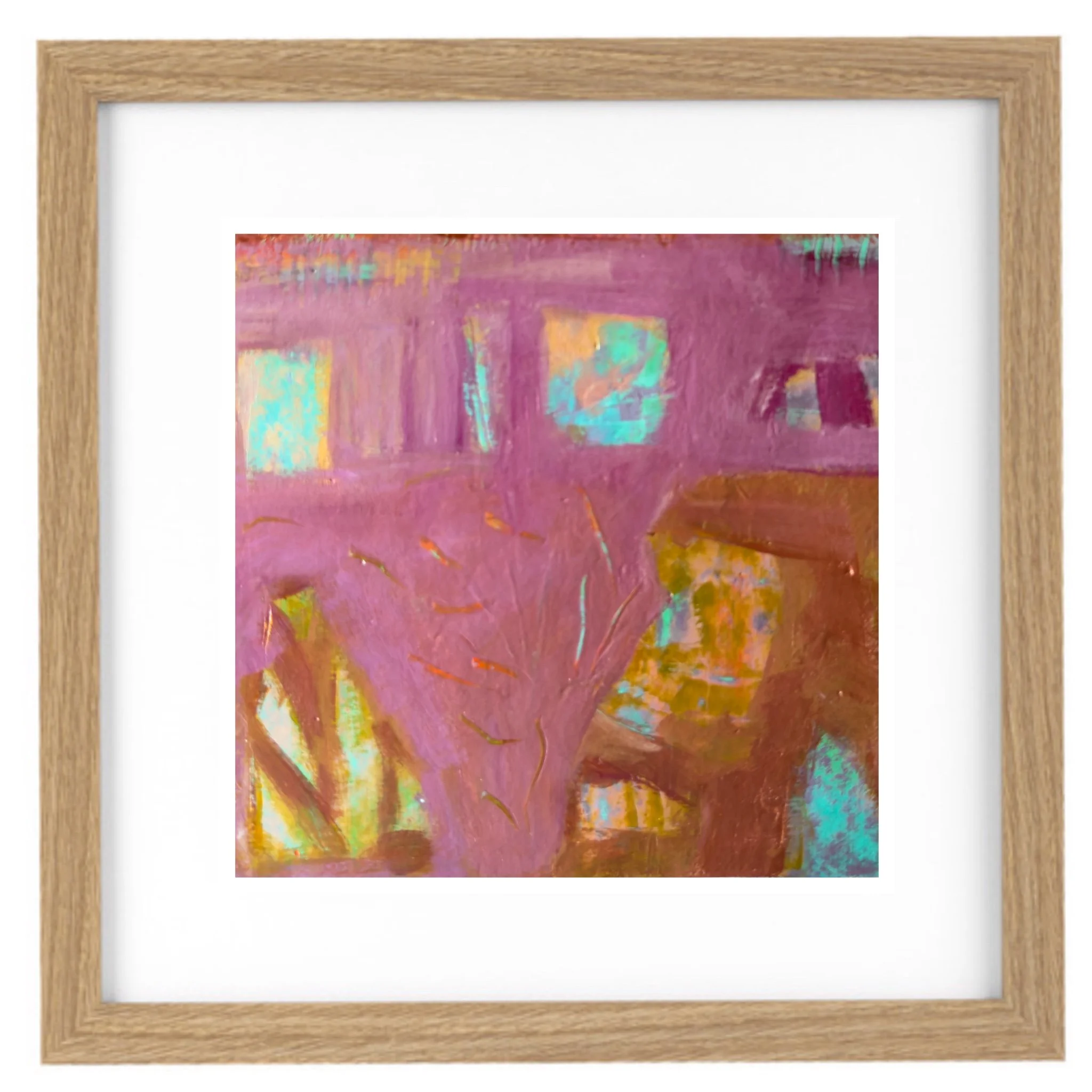 Close-up of a framed abstract painting with pink, yellow, green, and blue hues on a white background.