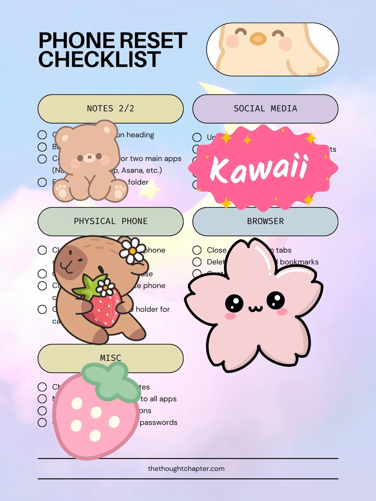 ✨ Soft Reset: Phone Declutter Checklist ✨

A cosy digital reset guide designed to help you clear digital clutter and make your phone feel lighter, calmer, and more organised.

This checklist includes simple reset tasks for:
☁️ Home screen organisatio