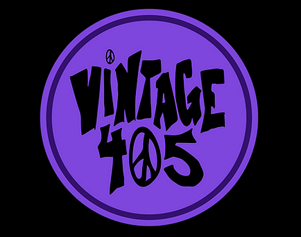 Vintage 405 logo in black lettering inside purple circle with peace sign on black background.
