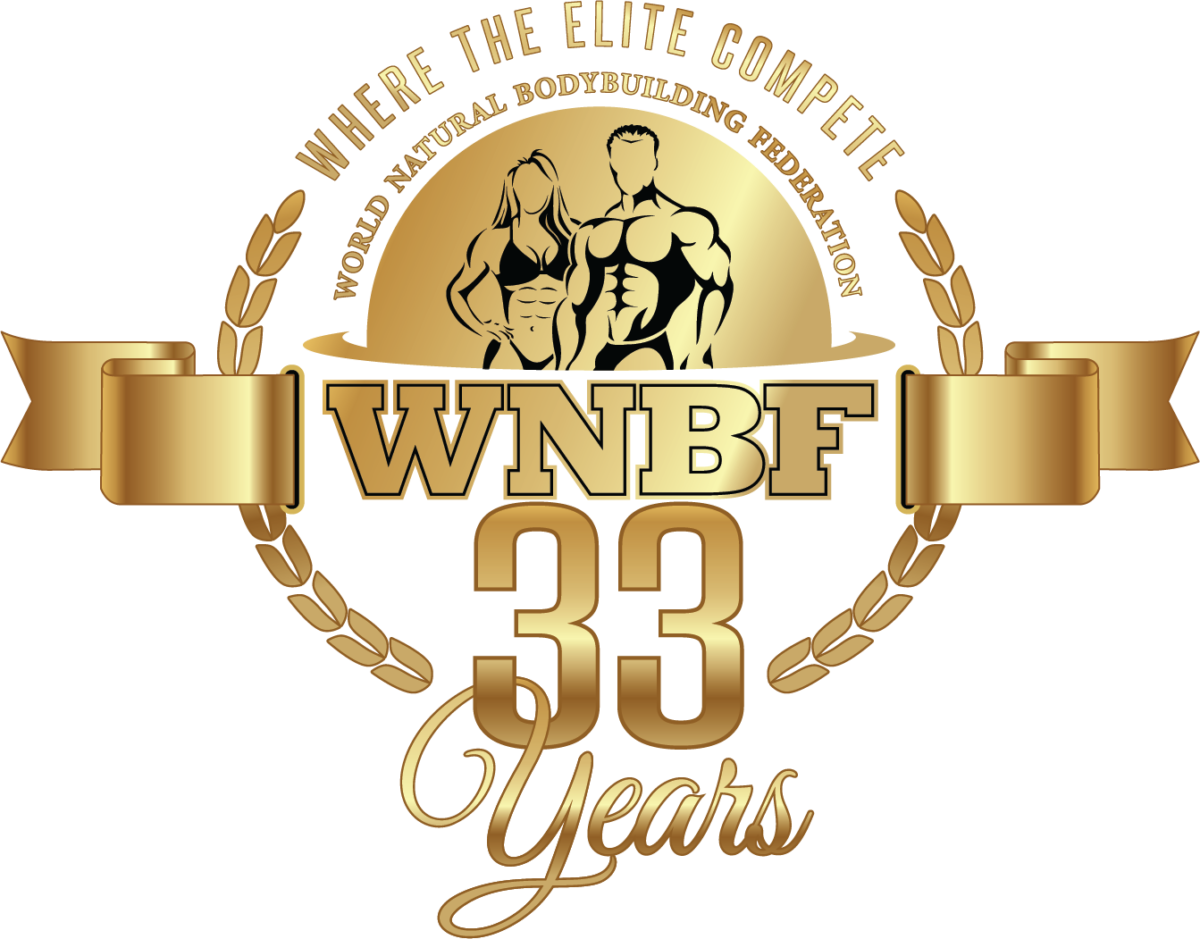WNBF “33 Years” logo in gold with bodybuilding emblem and laurel wreath on white background.
