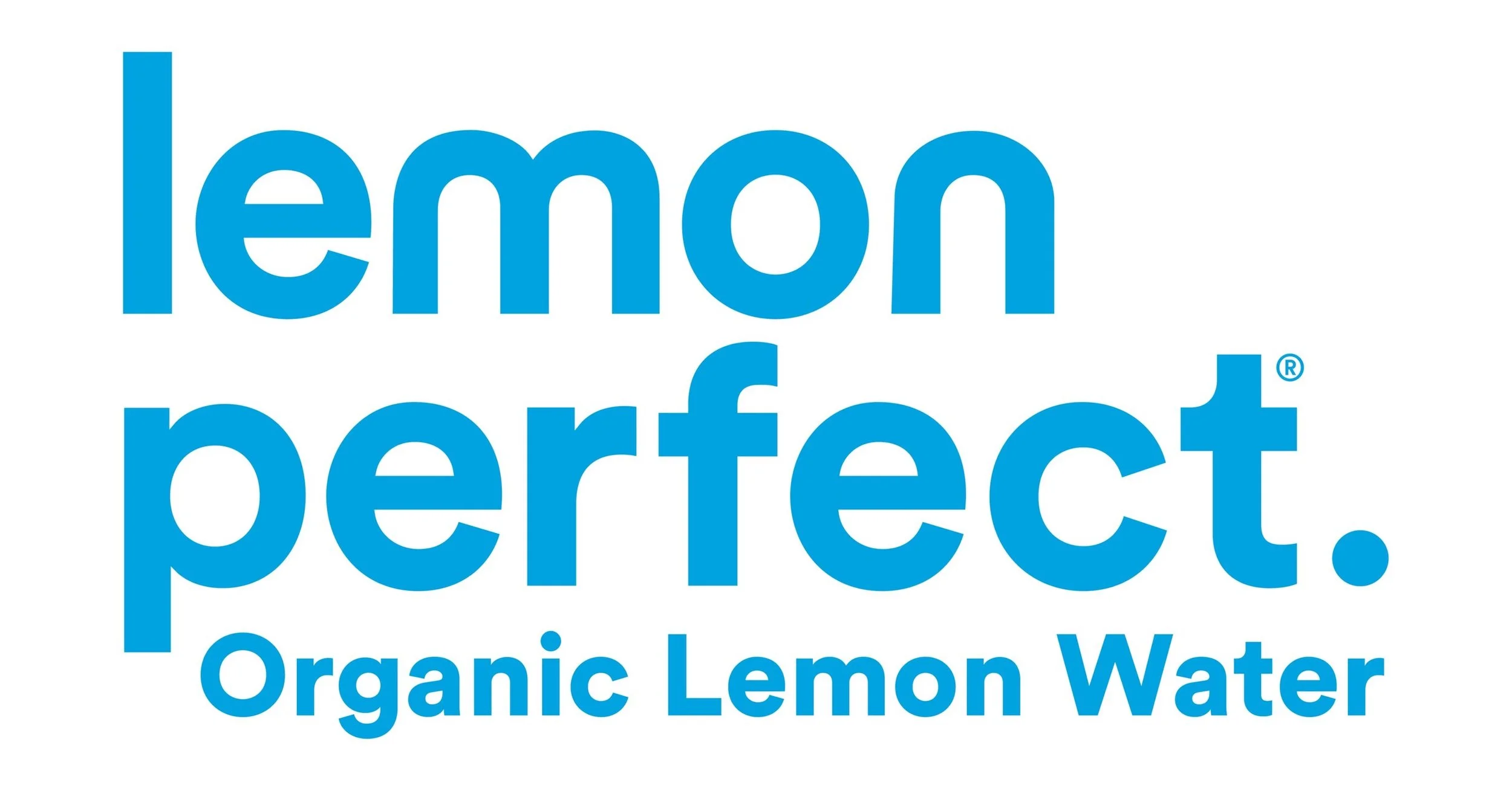 Lemon Perfect Organic Lemon Water logo in blue text with “organic lemon water” tagline on white background.